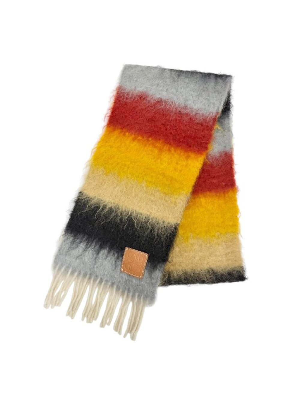Loewe Mohair Wool Anagram Leather Patch Border Pattern Fringe Long Scarf